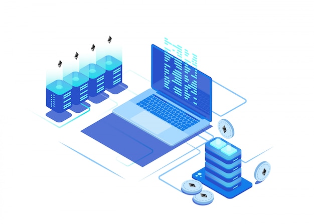 Servidor de la granja de servidores de la moneda crypto. centro de datos