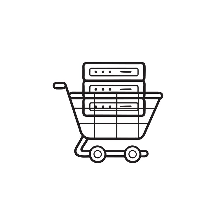 Vector servidor en el icono de doodle de contorno dibujado de mano de carro de compras. alojamiento de comercio electrónico, concepto de servidor de comercio electrónico.