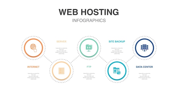 Servidor de Internet Sitio FTP copia de seguridad de los iconos del centro de datos Plantilla de diseño infográfico Concepto creativo con 5 pasos