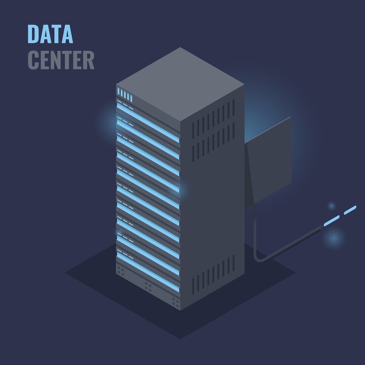 Vector servidor isométrico con puerta abierta, cable óptico del servidor, banner del centro de datos