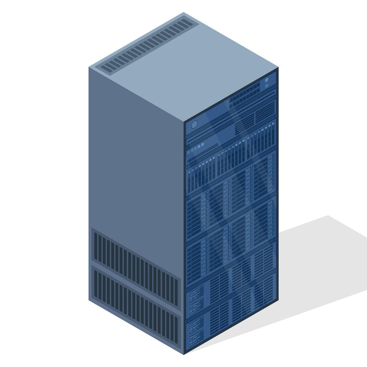Vector servidor isométrico racks de servidores cajas de servidores aisladas sala de servidores de red tecnología de redes de computadoras ilustración vectorial
