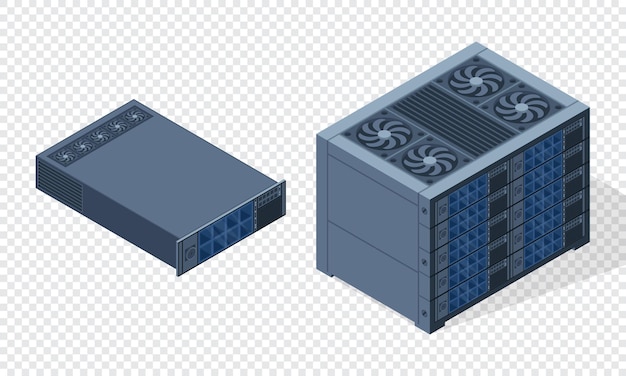 Servidor isométrico Racks de servidores Cajas de servidores aisladas Sala de servidores de red Tecnología de redes de computadoras Ilustración vectorial