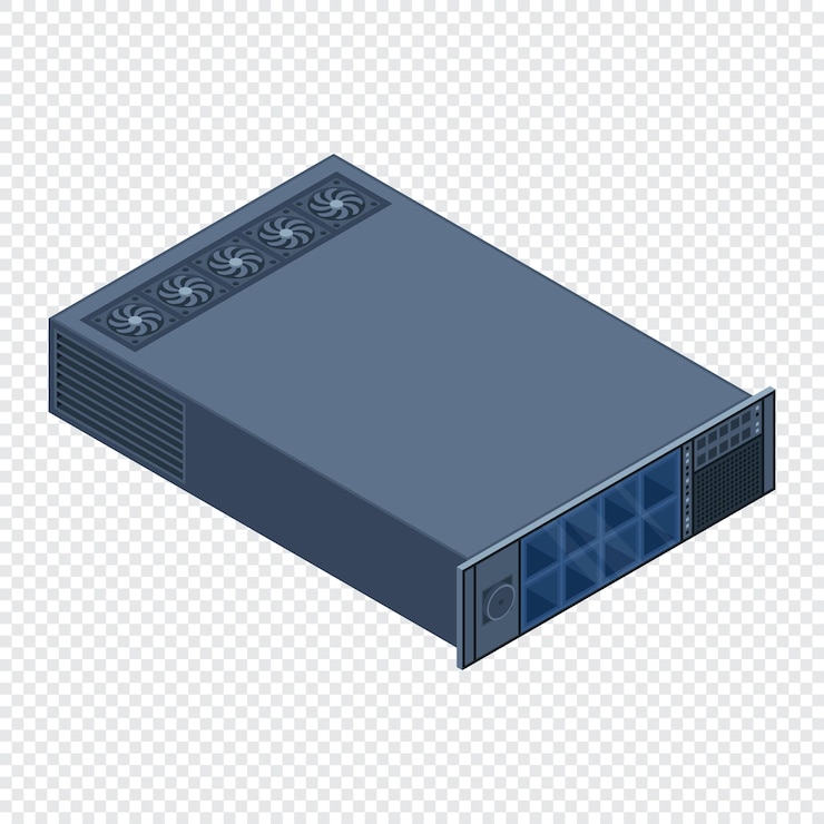 Vector servidor isométrico racks de servidores cajas de servidores aisladas sala de servidores de red tecnología de redes de computadoras ilustración vectorial