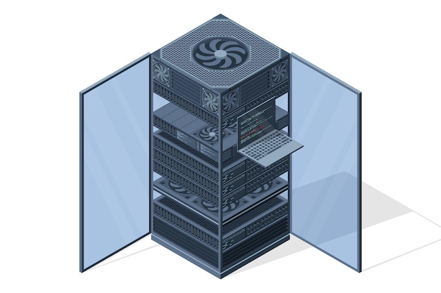 Servidor isométrico Racks de servidores Cajas de servidores aisladas Sala de servidores de red Tecnología de redes de computadoras Ilustración vectorial