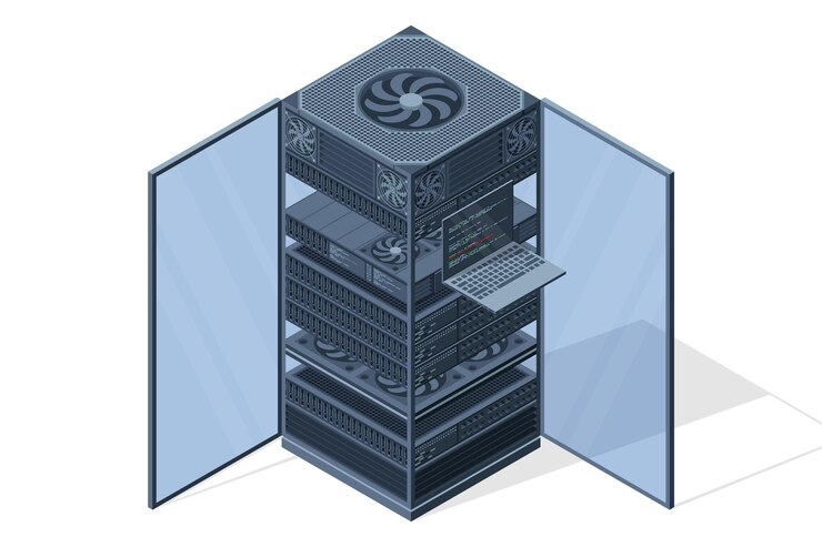 Vector servidor isométrico racks de servidores cajas de servidores aisladas sala de servidores de red tecnología de redes de computadoras ilustración vectorial