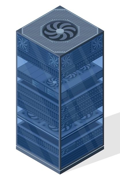Servidor isométrico Racks de servidores Cajas de servidores aisladas Sala de servidores de red Tecnología de redes de computadoras Ilustración vectorial