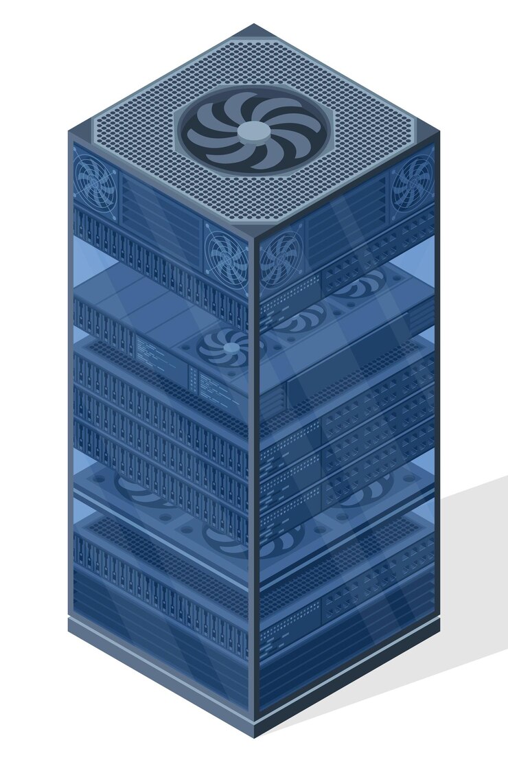 Vector servidor isométrico racks de servidores cajas de servidores aisladas sala de servidores de red tecnología de redes de computadoras ilustración vectorial