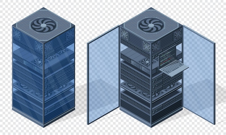 Vector servidor isométrico racks de servidores cajas de servidores aisladas sala de servidores de red tecnología de redes de computadoras ilustración vectorial