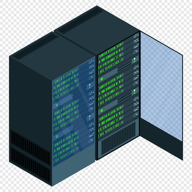 Servidor isométrico sala de servidores de red equipo informático 3d base de datos de almacenamiento tecnología isométrica ilustración vectorial