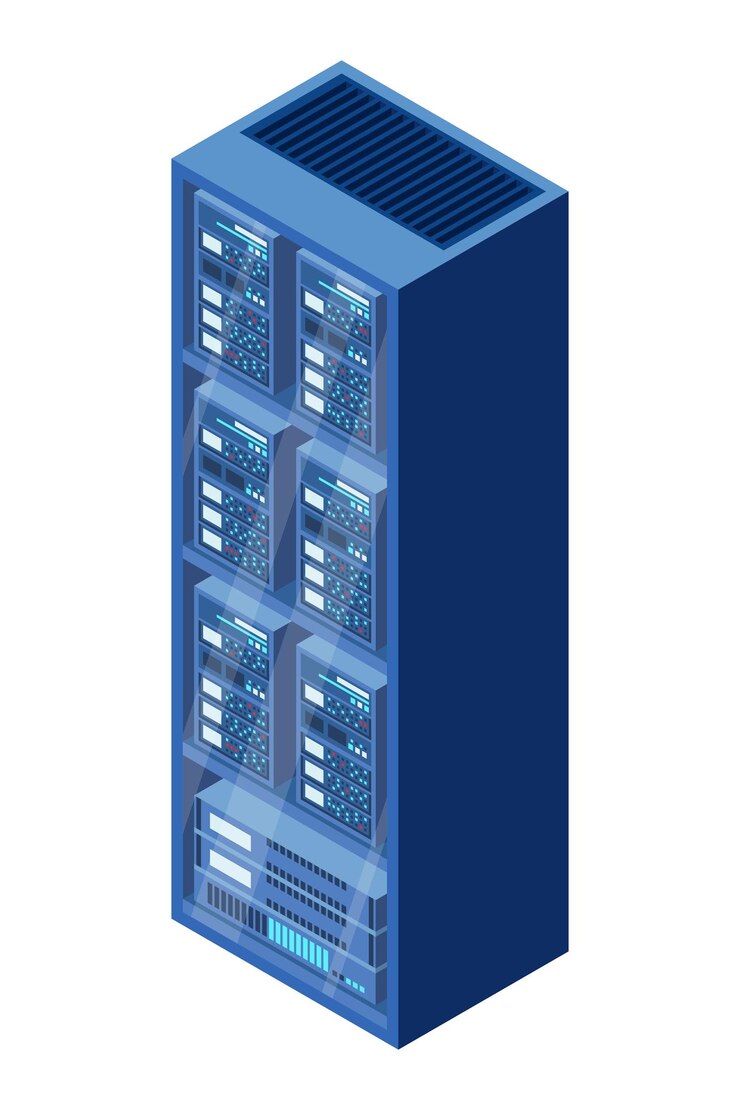 Vector servidor isométrico sala de servidores de red equipo informático 3d base de datos de almacenamiento tecnología isométrica