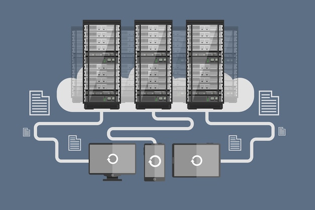 Vector servidor en la nube, descarga de dispositivos móviles, intercambio de datos, almacenamiento en la nube