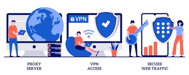 Servidor proxy, acceso vpn, concepto de tráfico web seguro con personas pequeñas. conexión de red segura y protección de la privacidad conjunto de ilustraciones abstractas. metáfora del proveedor de servicios de internet.