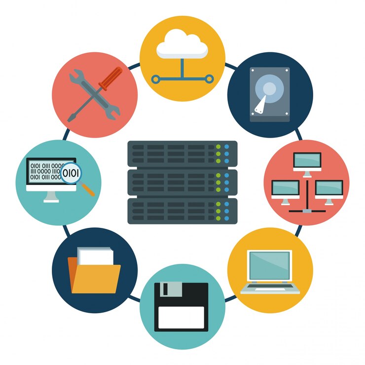 Vector servidor de rack e iconos elementos centro de datos alrededor