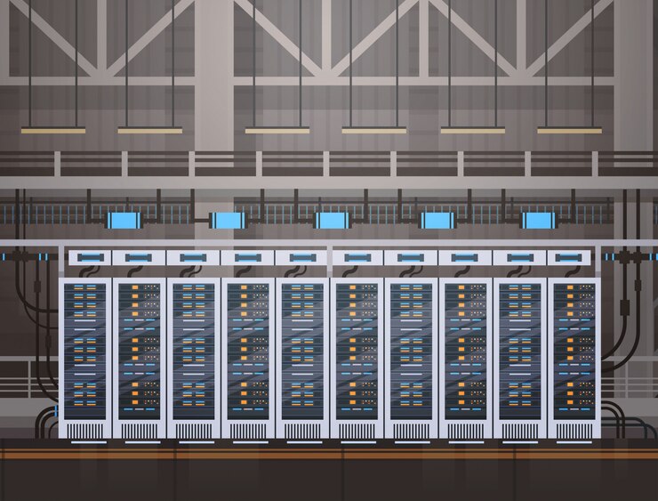 Vector servidor de la sala de centro de datos servidor servidor base de datos de información tecnología sincronizar