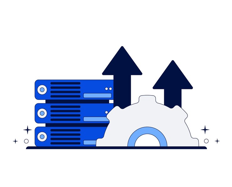 Vector servidor y sistema de gestión de datos con flechas de carga y icono de engranaje