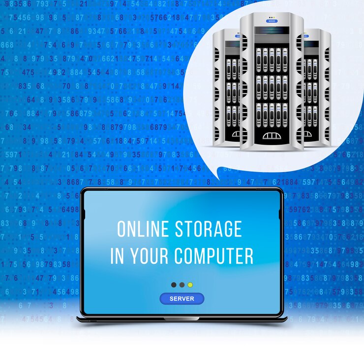Vector servidores de centro de datos con laptop. concepto de computación en la nube