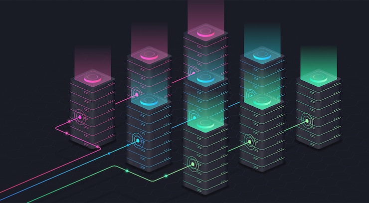 Vector servidores de concepto oscuro de base de datos y tecnologías modernas internet y conexión inalámbrica en línea
