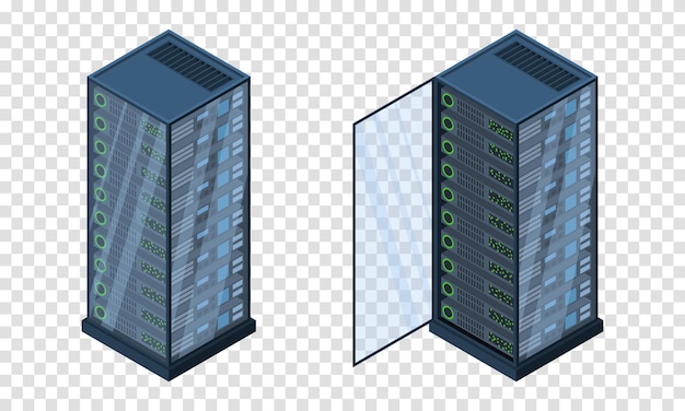 Servidores isométricos Almacenamiento de datos Equipo informático 3D Base de datos de almacenamiento Red de servidores de equipos Ilustración de Big data