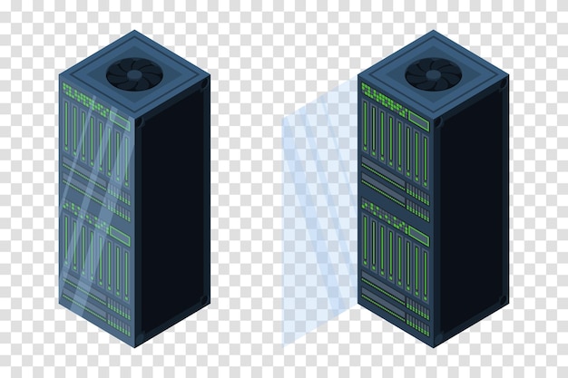 Servidores isométricos Almacenamiento de datos Equipo informático 3D Base de datos de almacenamiento Red de servidores de equipos Ilustración de Big data