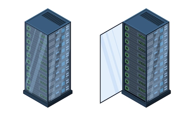 Servidores isométricos Almacenamiento de datos Equipo informático 3D Base de datos de almacenamiento Red de servidores de equipos Ilustración de Big data