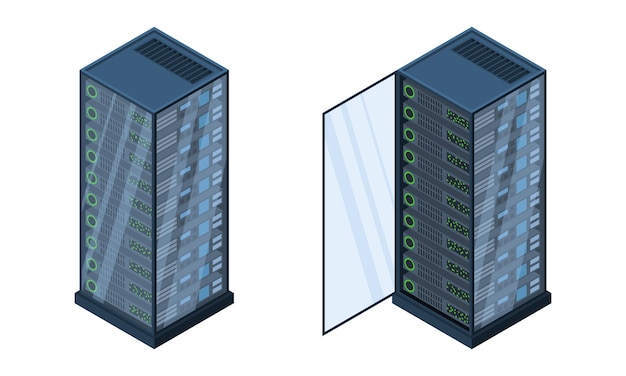 Servidores isométricos almacenamiento de datos equipo informático 3d base de datos de almacenamiento red de servidores de equipos ilustración de big data