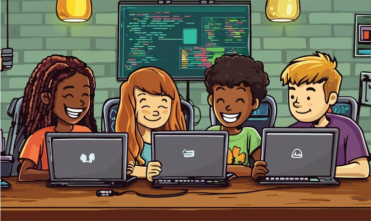 Vector sesión de codificación colaborativa entre estudiantes