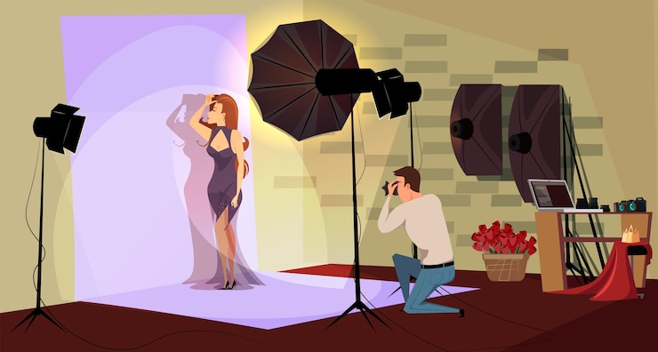 Vector sesión de fotos fotógrafo profesional y modelo en focos hermosa mujer joven en vestido de noche posando camarógrafo tomando fotos