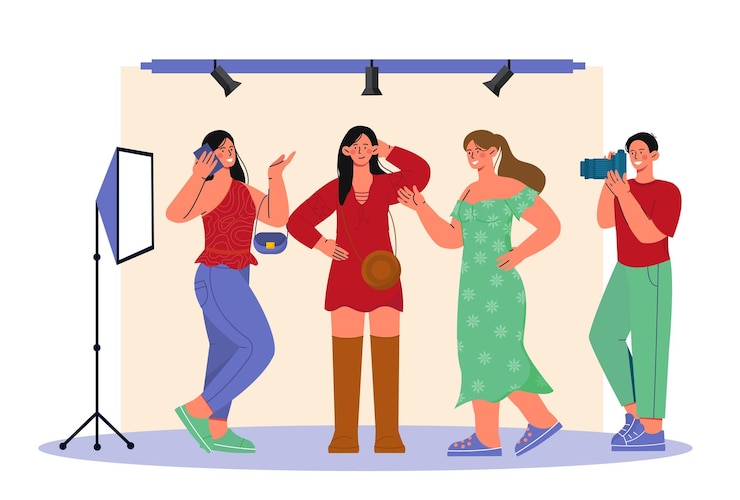 Vector sesión de fotos modelos fotógrafo con cámara toma fotos de chicas jóvenes estudio con focos