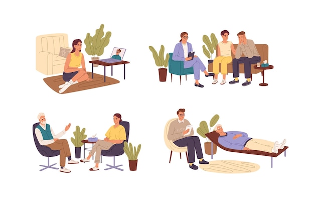 Sesión de psicoterapeuta establecida Psicoterapia familiar asesoramiento psicológico en línea El médico hace terapia para pacientes con problemas de trastornos mentales Ilustración de vector aislado plano en blanco