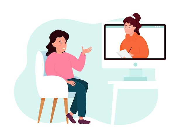 Sesión de psicoterapia en línea: la mujer le dice a un psicólogo en la pantalla sobre los problemas. concepto de salud mental. ilustración vectorial