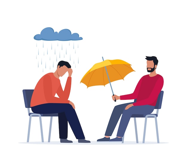 Sesión de psicoterapia Paciente sentado bajo la nube de lluvia un especialista dándole un paraguas