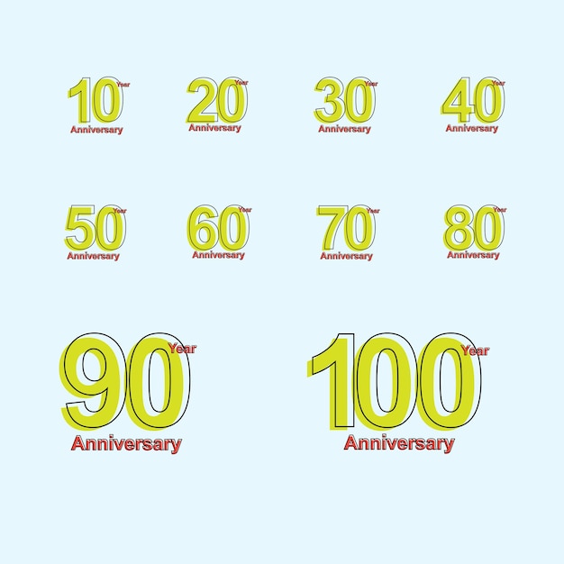 SET 10, 20, 30, 40, 50, 60, 70, 80, 90, 100 diseño de plantilla de logotipo de aniversario para pancarta, póster, ilustrador de vectores de tarjetas