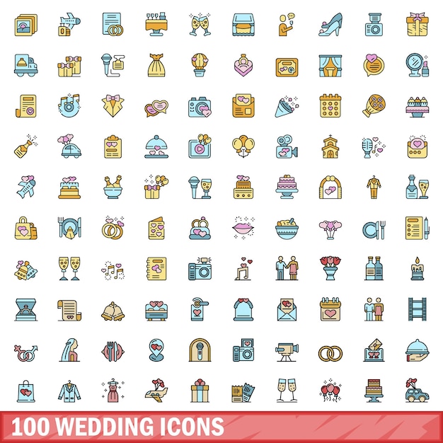 Set de 100 iconos de bodas Conjunto de líneas de color de iconos vectoriales de bodas Color de línea delgada plano en blanco