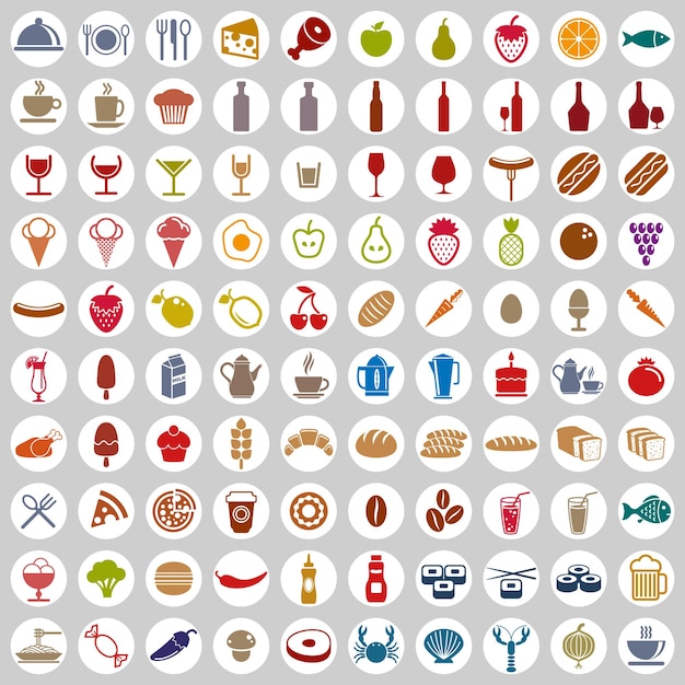 Set de 100 íconos de comida y bebida