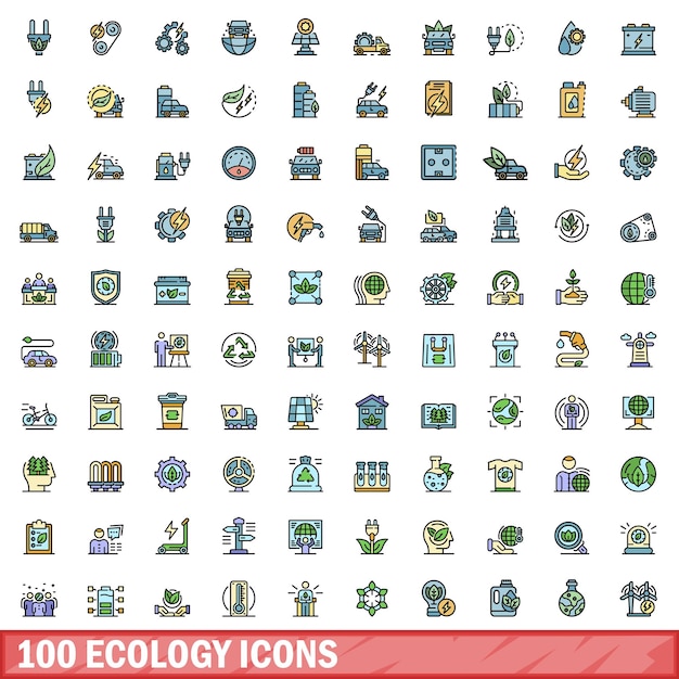 Set de 100 iconos de ecología Conjunto de líneas de color de iconos vectoriales de ecología