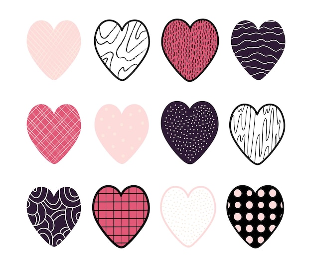 Set de 12 corazones de diferentes estampados en el día de los enamorados o boda. elementos multicolores y elegantes para el diseño de tarjetas, invitaciones, carteles, publicidad. ilustración vectorial