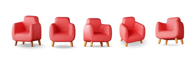 Set 3d de sillón rojo con patas de madera