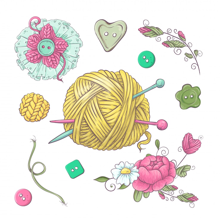 Vector set de accesorios para crochet y tejido.