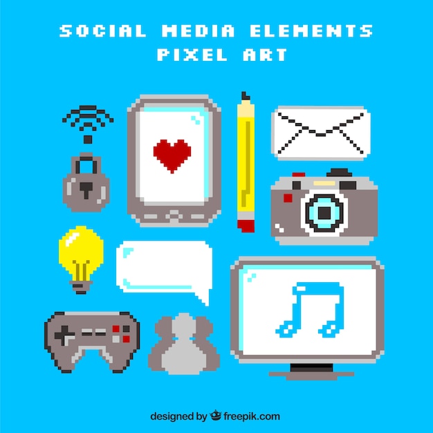 Vector set de accesorios de medios sociales en estilo pixel art