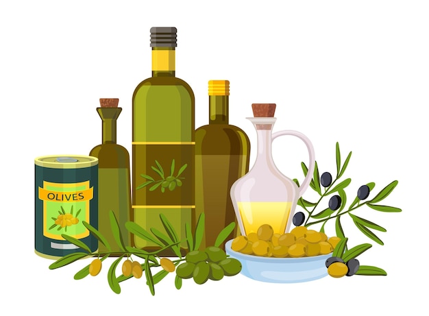 Vector set de aceite de oliva productos elaborados con ramas de olivo aceitunas negras y verdes ecológicas tarros y botellas de cristal