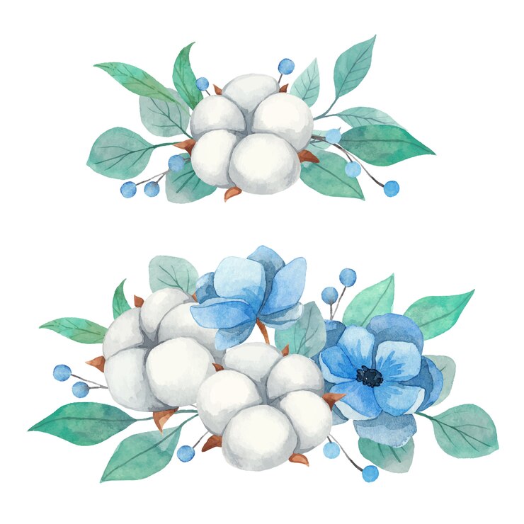 Vector set de acuarela de primavera con ramos florales de anémona de flores, algodón y ramitas