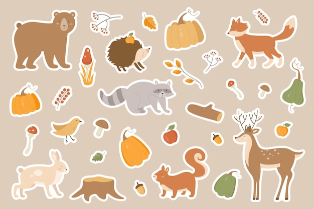 Set de adhesivos para animales de dibujos animados de otoño