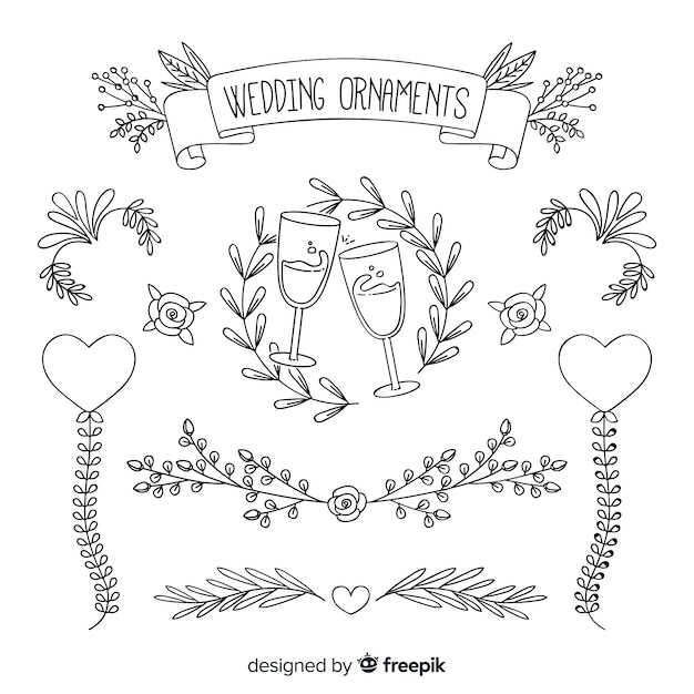 Vector set de adornos de boda dibujados a mano