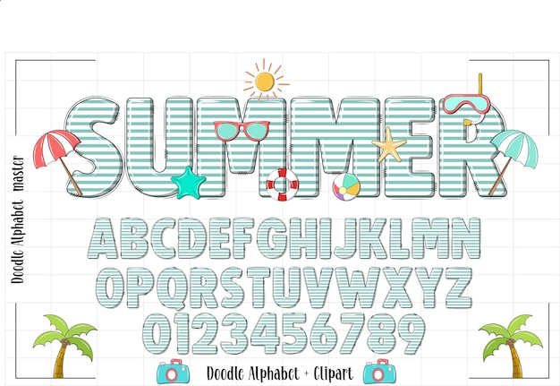Set de alfabeto de Doodle de verano Nombre de verano personalizado Festa Tema de celebración de verano Diseño de cartel