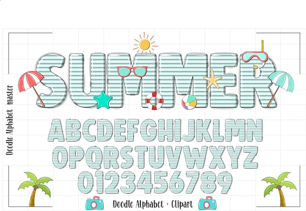 Vector set de alfabeto de doodle de verano nombre de verano personalizado festa tema de celebración de verano diseño de cartel