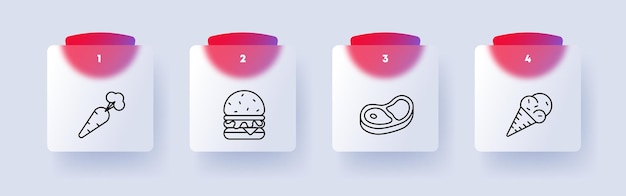 Set de alimentos icono zanahorias producto natural hamburguesa comida rápida comida chatarra saludable y comida grasa filete medio raro helado cono numeración yema delicias blancas comida inusual estilo Glassmorphism