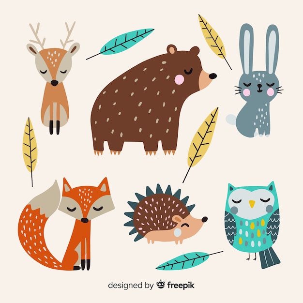 Vector set de animales de bosque otoñal dibujados