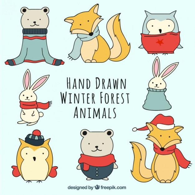 Vector set de animales dibujados a mano con ropa de invierno