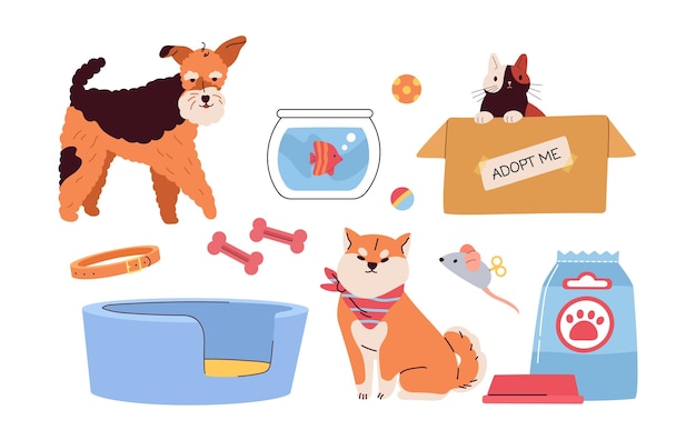 Vector set de artículos para animales alimentos para perros y gatos animales domésticos y mascotas con huesos juguetes y collares bola y ratón rojos colección de vectores planos de dibujos animados aislados sobre fondo blanco