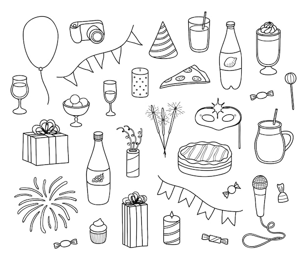 Set de artículos de fiesta dibujados a mano